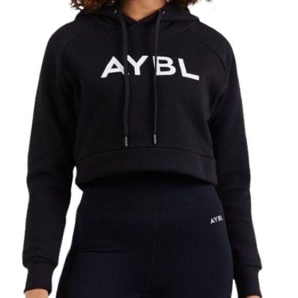 AYBL ~ Black Staple Cropped Hoodie ~ soft cotton fleece ~ size Large - Picture 1 of 11